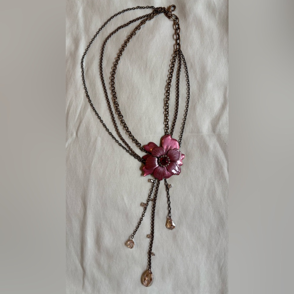 Liz Palacios Pink Flower Pendant Necklace with Jeweled Crystal Embellishment